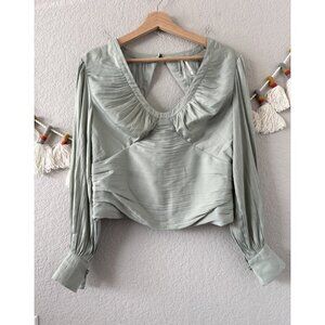 By Anthropologie Mint Green Blouson Corset Style Open Back Silky Top Elegant MP